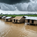 **Image Prompt:** A flooded village in Bangladesh after a cyclone. Houses are submerged, people are displaced and seeking shelter. Dark, stormy sky. Emphasis on the devastating impact of climate change and natural disasters. Capture the human cost of climate change, reflecting the instability of life and the risk to livelihoods.