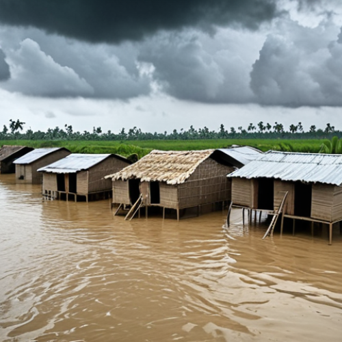 **Image Prompt:** A flooded village in Bangladesh after a cyclone. Houses are submerged, people are displaced and seeking shelter. Dark, stormy sky. Emphasis on the devastating impact of climate change and natural disasters. Capture the human cost of climate change, reflecting the instability of life and the risk to livelihoods.
