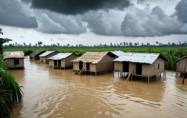 **Image Prompt:** A flooded village in Bangladesh after a cyclone. Houses are submerged, people are displaced and seeking shelter. Dark, stormy sky. Emphasis on the devastating impact of climate change and natural disasters. Capture the human cost of climate change, reflecting the instability of life and the risk to livelihoods.