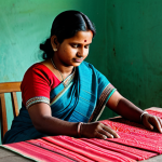 A focused Bangladeshi woman entrepreneur in a modest, traditional saree, skillfully weaving vibrant textiles at her home-based craft business. The scene is illuminated by natural daylight, showcasing her dedication and the rich textures of her work. The background features a simple, clean Bangladeshi village home interior. Perfect anatomy, correct proportions, natural pose, well-formed hands, proper finger count. Professional photography, high quality, realistic. Safe for work, appropriate content, fully clothed, modest clothing, family-friendly.