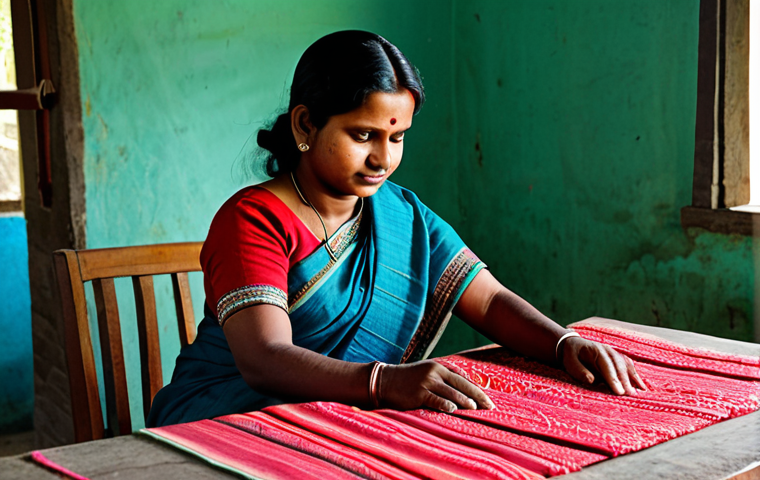 A focused Bangladeshi woman entrepreneur in a modest, traditional saree, skillfully weaving vibrant textiles at her home-based craft business. The scene is illuminated by natural daylight, showcasing her dedication and the rich textures of her work. The background features a simple, clean Bangladeshi village home interior. Perfect anatomy, correct proportions, natural pose, well-formed hands, proper finger count. Professional photography, high quality, realistic. Safe for work, appropriate content, fully clothed, modest clothing, family-friendly.