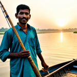 A professional photograph of a male Bengali fisherman, depicted with a calm, resilient expression, standing by his modest, traditional fishing boat on a serene river at sunrise. He is fully clothed in appropriate, traditional attire, showing no exposed skin. The river appears clean and healthy, with the subtle presence of traditional fishing nets, implying sustainable practices. The background features a tranquil rural landscape with lush greenery, conveying a sense of harmony between people and nature. The image is high-quality, showcasing perfect anatomy, correct proportions, natural pose, well-formed hands, and proper finger count, emphasizing a family-friendly, safe for work, and appropriate content scene.