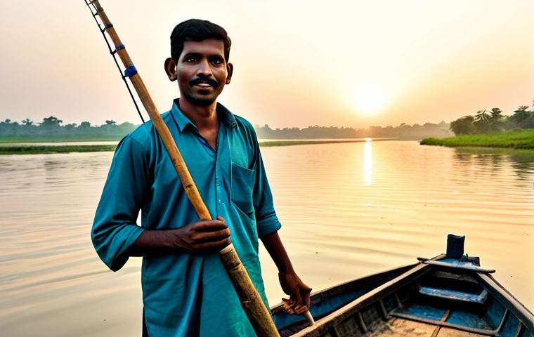A professional photograph of a male Bengali fisherman, depicted with a calm, resilient expression, standing by his modest, traditional fishing boat on a serene river at sunrise. He is fully clothed in appropriate, traditional attire, showing no exposed skin. The river appears clean and healthy, with the subtle presence of traditional fishing nets, implying sustainable practices. The background features a tranquil rural landscape with lush greenery, conveying a sense of harmony between people and nature. The image is high-quality, showcasing perfect anatomy, correct proportions, natural pose, well-formed hands, and proper finger count, emphasizing a family-friendly, safe for work, and appropriate content scene.