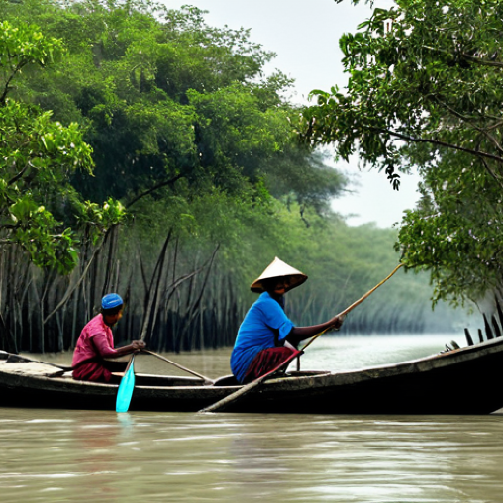 해양 온난화 영향 - **

A group of traditional fishermen in Sundarbans, fully clothed, pushing their small boat through ...