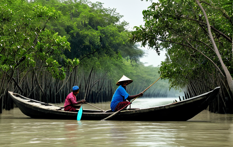 해양 온난화 영향 - **

A group of traditional fishermen in Sundarbans, fully clothed, pushing their small boat through ...