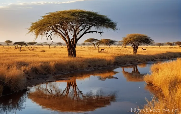 종간 경쟁 - **Prompt: Struggle for Water and Survival on the Savanna**
    "A wide-angle, cinematic photograph o...