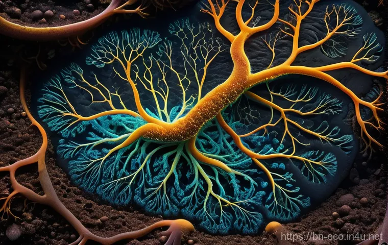 토양 미생물 생태 - Image Prompt 1: The Bustling Microscopic City Beneath Our Feet**