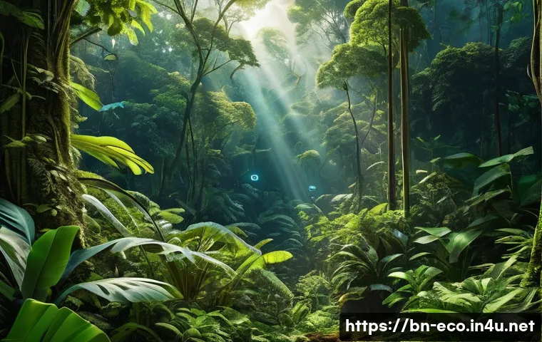 AI와 생태 모니터링 - **AI-Powered Forest & Wildlife Monitoring**
"A vibrant, wide-angle shot of a dense, untouched ra...
