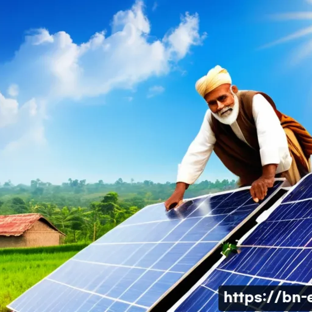 지속가능한 에너지 전환 - A vibrant rooftop scene in a Bengali village showcasing a small solar panel installation under brigh...
