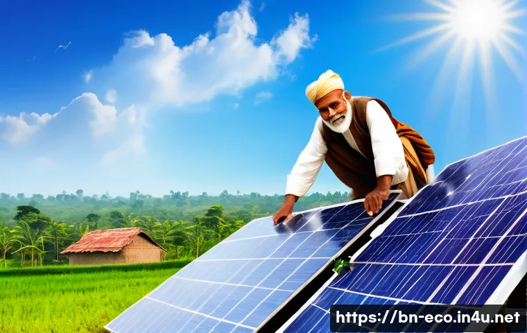 지속가능한 에너지 전환 - A vibrant rooftop scene in a Bengali village showcasing a small solar panel installation under brigh...