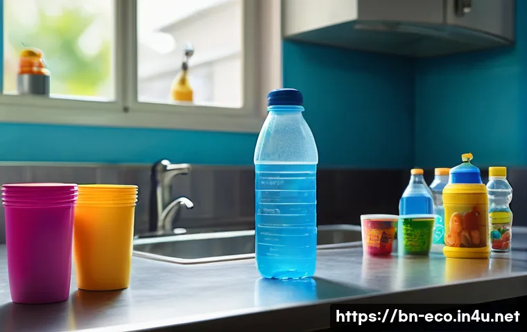환경호르몬 영향 - A detailed illustration of everyday plastic items emitting harmful chemicals: a transparent plastic ...