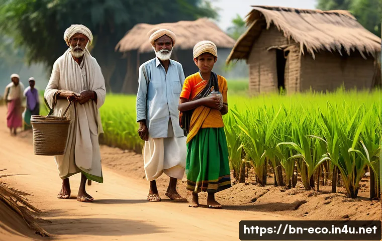 미래 환경 변화 예측 - A serene rural Bengali village landscape under a bright, warm sun, showing elderly and children wear...