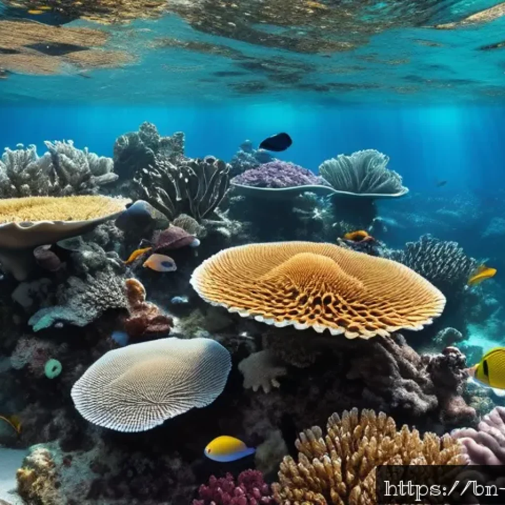 기후 변화와 해양 생물 - A detailed underwater scene showing a vibrant coral reef with visibly bleached and fading corals, di...
