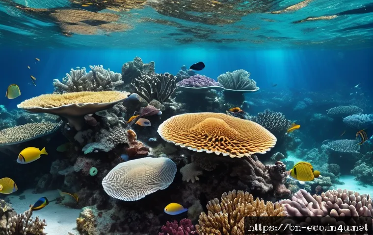 기후 변화와 해양 생물 - A detailed underwater scene showing a vibrant coral reef with visibly bleached and fading corals, di...