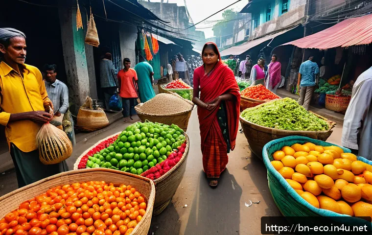 제로웨이스트 운동 - A vibrant street market scene in Bangladesh featuring local vendors selling fresh fruits and vegetab...