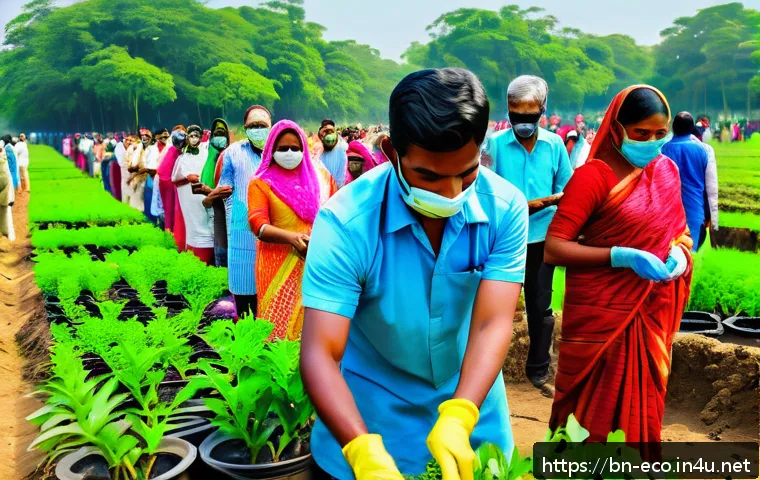 환경 감수성 교육 - A vibrant community park scene in Bangladesh during a tree planting event, featuring diverse local p...