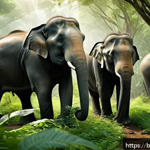 동물 행동학 - A detailed scene in a dense forest showing a group of elephants communicating by stamping their feet...