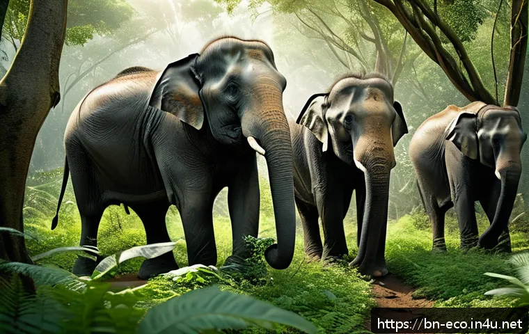 동물 행동학 - A detailed scene in a dense forest showing a group of elephants communicating by stamping their feet...