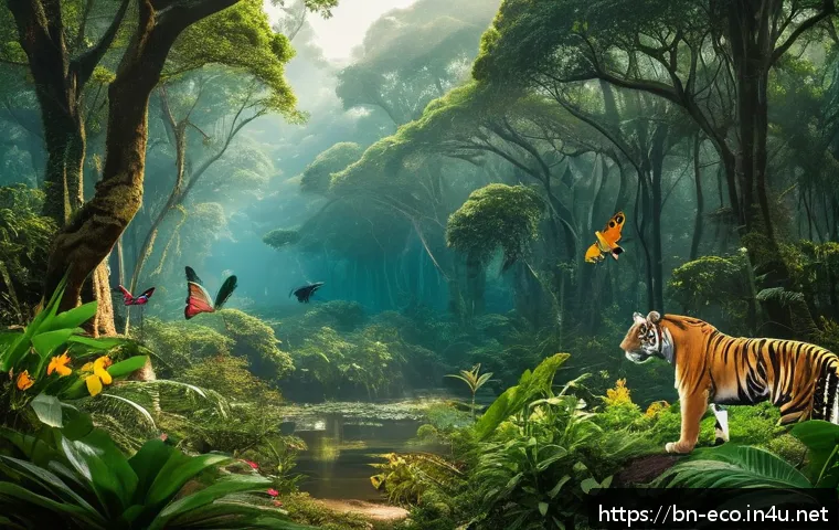 산림 생태계 - A vibrant and lush Bengali forest scene showcasing diverse wildlife in their natural habitat, includ...