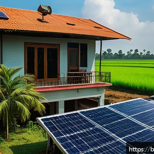 친환경 기술 개발 - A modern rural setting in Bangladesh showcasing an advanced solar power system with sleek, multi-fun...