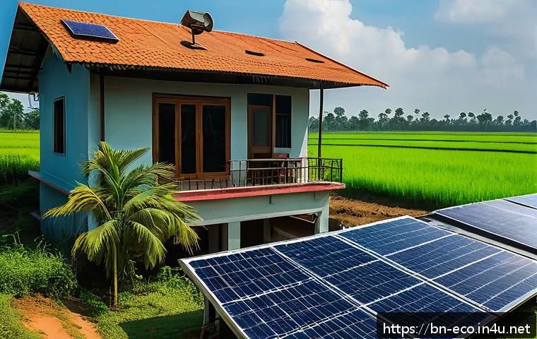 친환경 기술 개발 - A modern rural setting in Bangladesh showcasing an advanced solar power system with sleek, multi-fun...