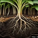 식물 생태학 - A close-up, hyper-detailed botanical illustration of a healthy plant root system deeply embedded in ...