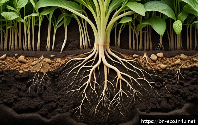 식물 생태학 - A close-up, hyper-detailed botanical illustration of a healthy plant root system deeply embedded in ...