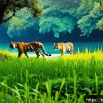 생물권 보전 지역 - A lush, vibrant national park scene in Bengal featuring diverse wildlife such as Bengal tigers, colo...