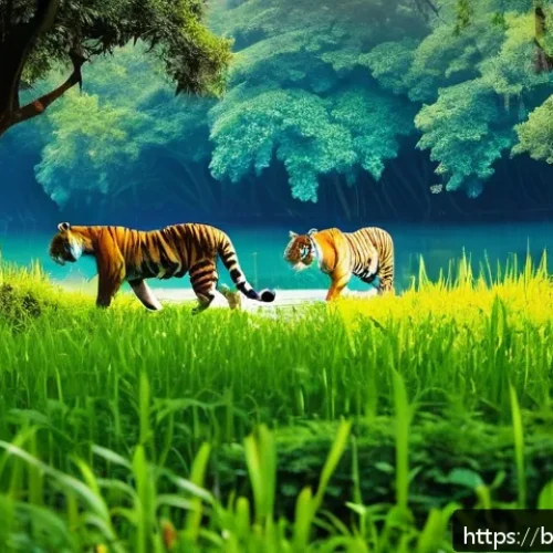 생물권 보전 지역 - A lush, vibrant national park scene in Bengal featuring diverse wildlife such as Bengal tigers, colo...