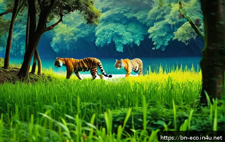 생물권 보전 지역 - A lush, vibrant national park scene in Bengal featuring diverse wildlife such as Bengal tigers, colo...