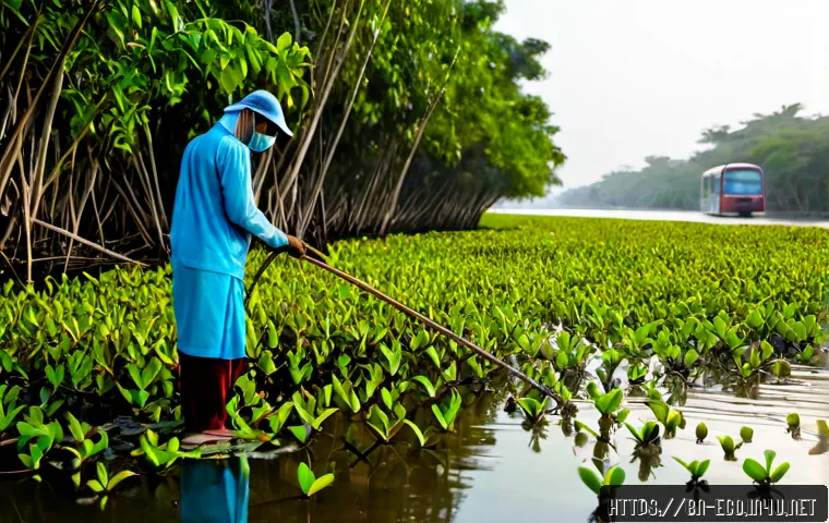 탄소세와 생태계 - Photorealistic wide-angle scene of a lush mangrove wetland beside a modern South Asian city, a local...