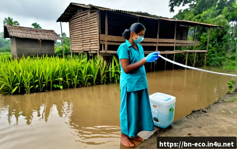 기후변화와 질병 확산 - Photorealistic rural Bangladesh health scene after severe monsoon flooding, a concerned female commu...