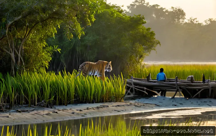 멸종위기종 복원 - Photorealistic wildlife conservation scene in the Sundarbans mangrove forest, a Bengal tiger wearing...